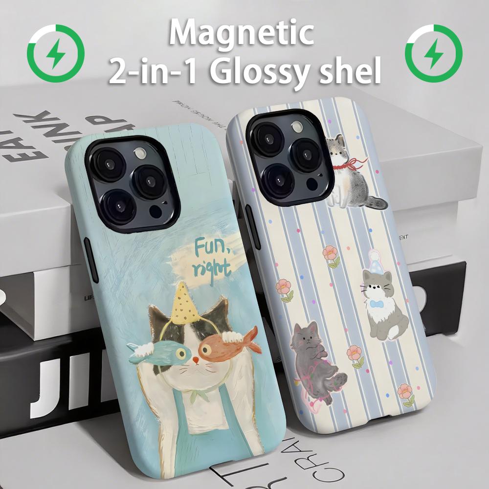 Apple Iphone 15 Pro Max - かわいい猫と犬のスマホケース マグネット式 2-in-1 光沢シェル iPhone 16e