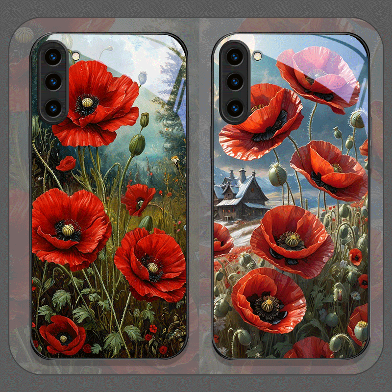 レトロなポピーの花柄、ホットレッドプリントの強化ガラス製スマ - Samsung Galaxy S25 のレビューと価格