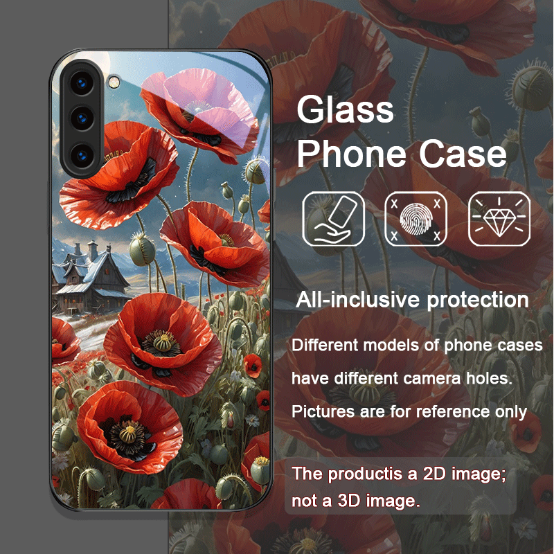 レトロなポピーの花柄、ホットレッドプリントの強化ガラス製スマ - Samsung Galaxy S25 のレビューと価格